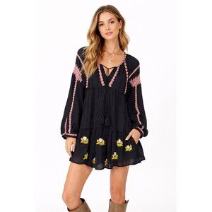 Free People Black Boho Embroidered Tunic Mini Dress Long Sleeve Size L